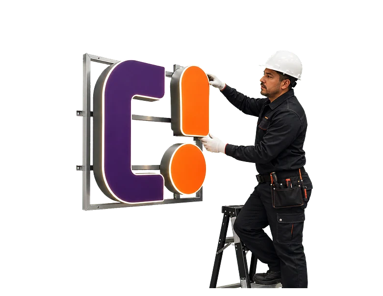 Técnico instalando un anuncio luminoso